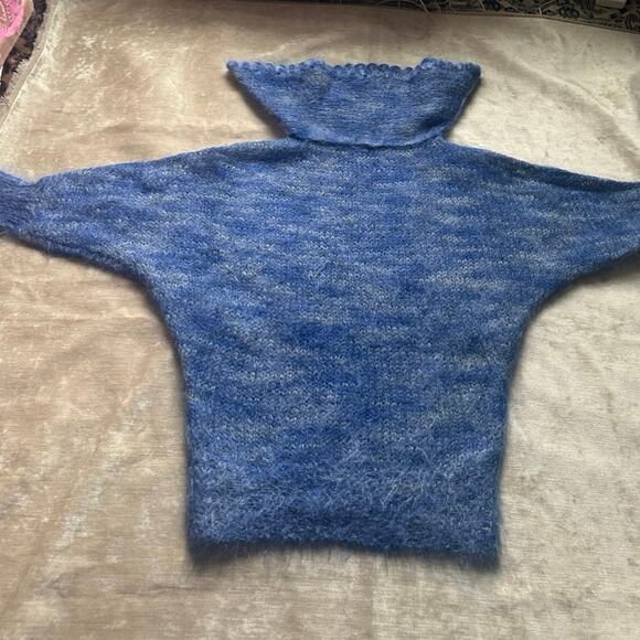 Vintage Mohair Wool Sweater blue collared Bohemian fuzzy warm bat wing sleeve - Picture 13 of 16